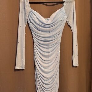 Windsor Pale Blue Long Sleeve Ruched Pearl-Embellished Dress